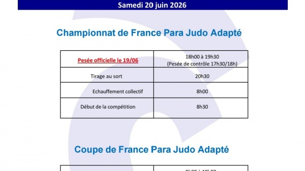 FLASH INFO CHAMPIONNAT ET COUPE DE FRANCE PARA JUDO ADAPTÉ